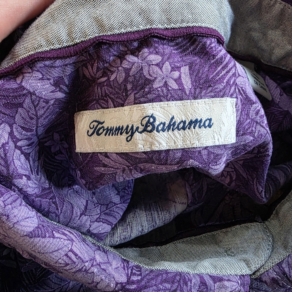 Tommy Bahama 100% Silk Purple Hawaian U Of W Huskies Print Men's Shirt - Picture 6 of 11
